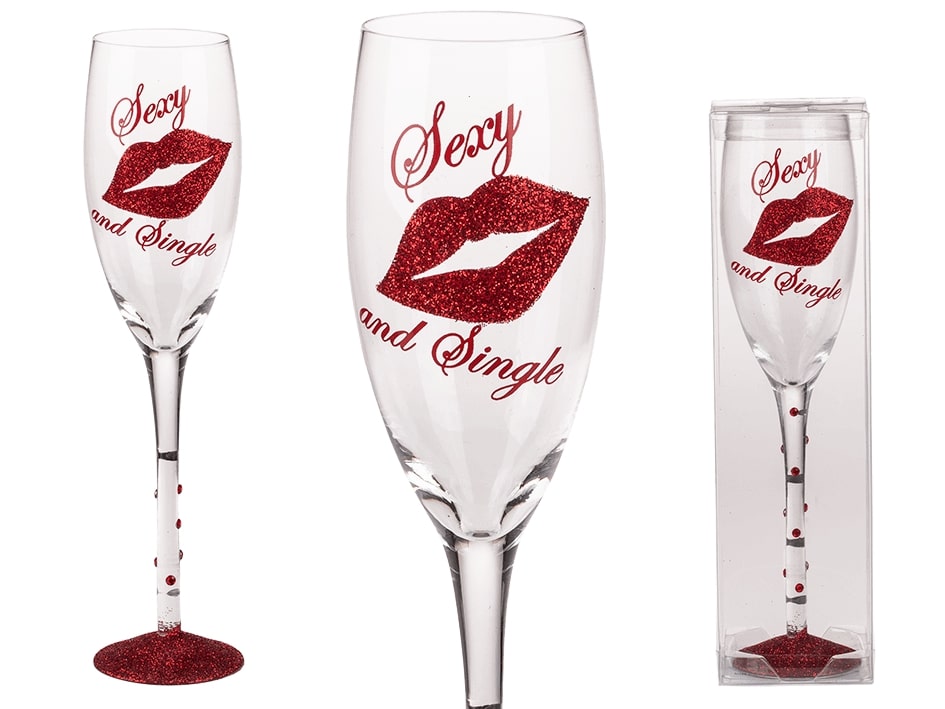 Champagner Glas mit Glitter "Sexy und Single" Sektglas